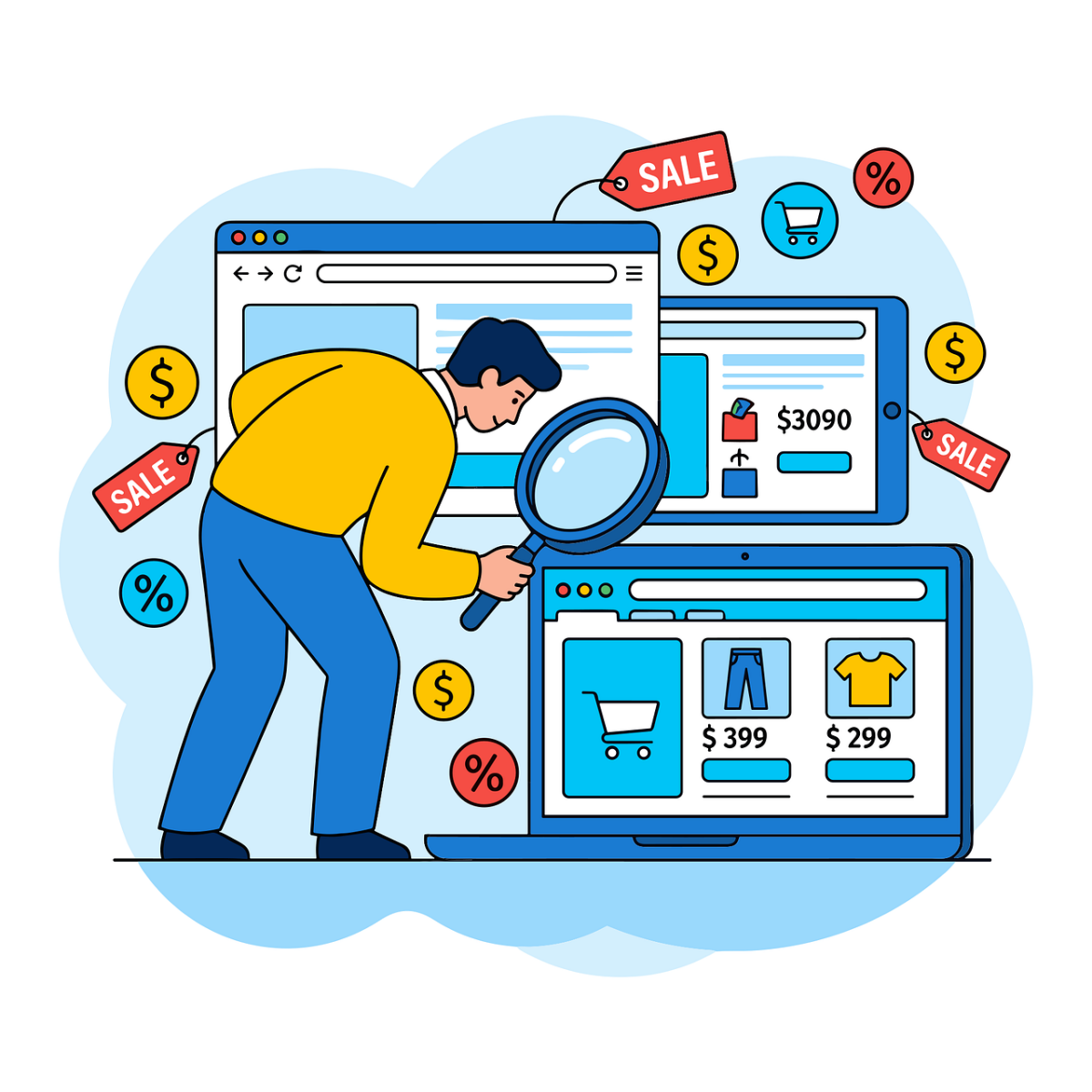 online shopping, price comparison, discount shopping, sale concept, online deals, product search, magnifying glass illustration, smart shopping, consumer behavior, digital marketplace, ecommerce platform, shopping research, deal hunting, price checking, internet commerce, retail marketing, online store interface, shopping cart icon, sales promotion, flat illustration style, modern vector art, marketing concept, bargain hunting, digital retail, ai generated