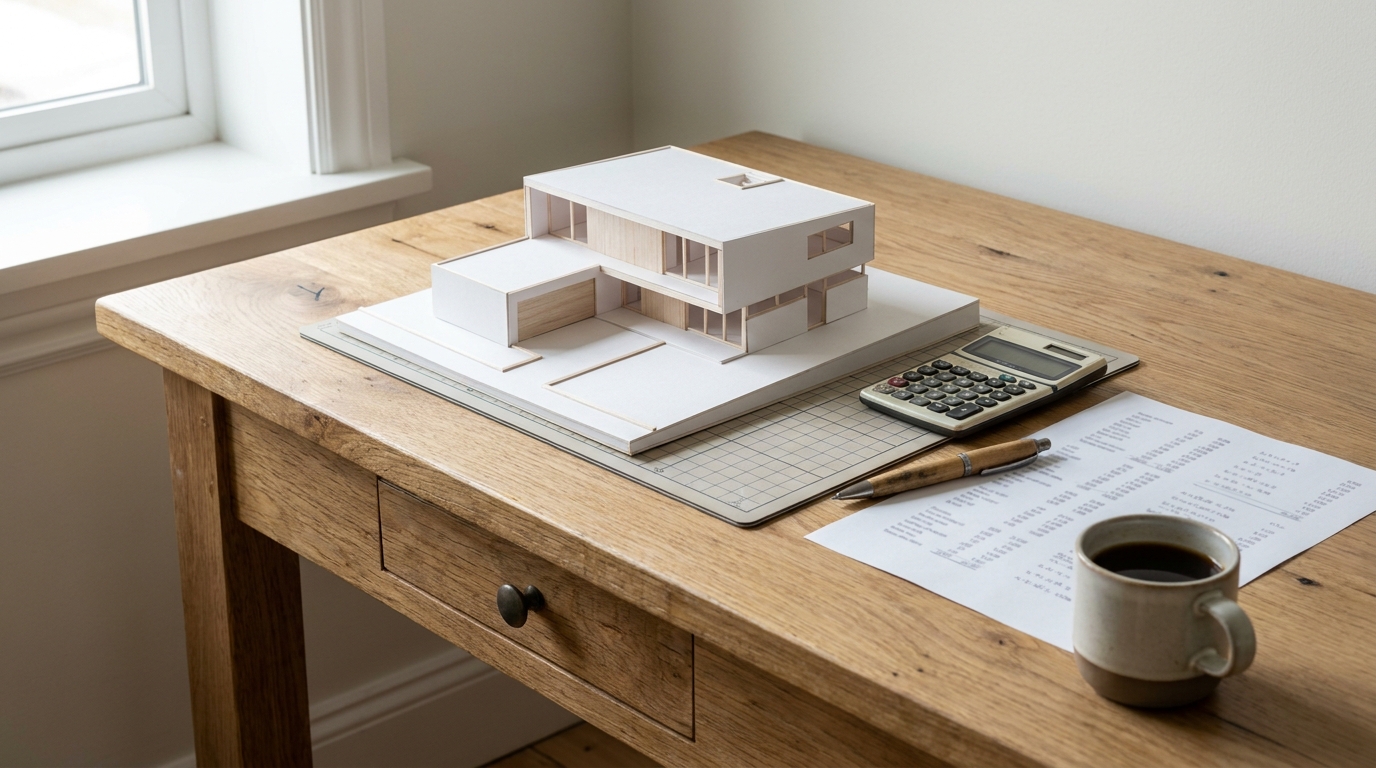 Modellhaus, Taschenrechner und Tilgungsplan auf einem Schreibtisch